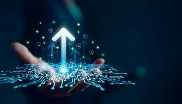 Businessman hand holding virtual glowing arrow up icon, representing business growth, financial performance, investment success and positive economic trend with percentage symbols. symbol