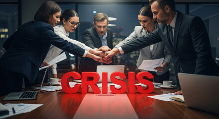 Business Team Huddling Together to Manage a Strategic Crisis.
A powerful and intense corporate image illustrating a moment of high-stakes crisis management and collective action