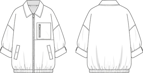 Oversized utility jacket technical flat sketch with zipper chest pocket adjustable cuff sleeves and elastic hem, fashion apparel template, cad drawing flat vector illustration