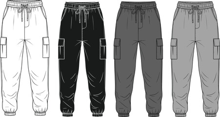 Cargo jogger pants technical flat sketch with multiple color variations side pockets elastic waistband cuffs, fashion apparel template for designers, cad drawing flat vector illustration