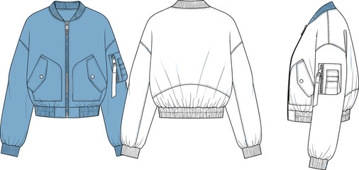 Cropped bomber jacket technical flat sketch with utility sleeve pocket oversized front pockets ribbed hem and cuffs, fashion apparel template, cad drawing flat vector illustration