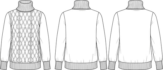 Cable knit turtleneck sweater technical flat sketch with ribbed cuffs hem and textured front pattern, fashion apparel template, cad drawing flat vector illustration