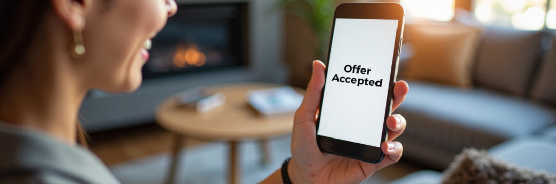 Offer accepted news on smartphone screen, woman holding phone indoors. Offer accepted with successful business proposal, job acceptance, or real estate offer, celebrating achievement.
