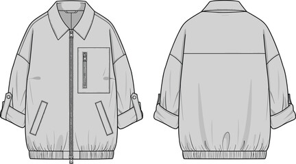 Utility zip front jacket technical flat sketch with adjustable sleeves and pocket details, fashion apparel template for designers, cad drawing flat vector illustration