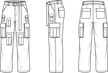 Multi-pocket cargo pants technical flat sketch with utility details and belt design, fashion apparel template for designers, cad drawing flat vector illustration