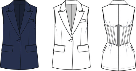 Sleeveless blazer vest technical flat sketch with tailored details and corset back design, fashion apparel template, cad drawing flat vector illustration