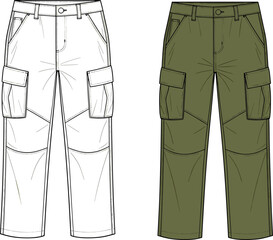 Cargo pants technical flat sketch with detailed pockets and stitching lines, fashion template for apparel design, cad drawing flat vector illustration