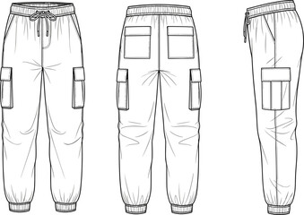 Cargo jogger pants technical fashion sketch with detailed pockets, elastic waistband, stitching lines, apparel template, cad drawing flat vector illustration