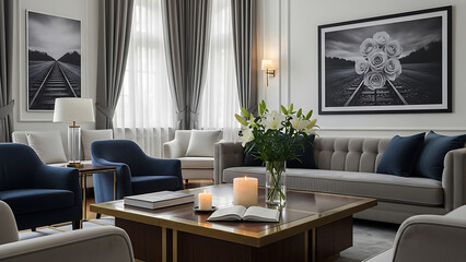 Modern living room interior with luxurious seating, elegant decor
