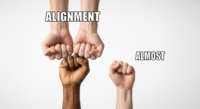 Conceptual Image of Team Alignment and Incomplete Unity.
A powerful conceptual photograph illustrating the theme of alignment and missed collaboration