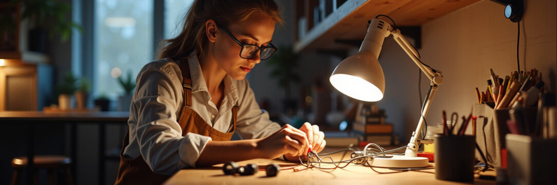 Jeweler at work in her studio making handcrafted jewelry, pieces being made at desk under the light. Jeweler is focused on small jewelry making with tools and wires. - Powered by Adobe