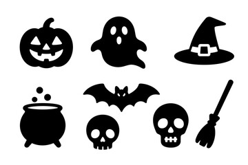 Obraz premium Halloween Themed Silhouettes of Pumpkin Ghost Witch Bat Cauldron Skull and Broomstick