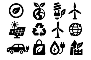 Set of Eco-Friendly Icons Featuring Leaves Solar Panels Wind Turbines and Recyclable Symbols