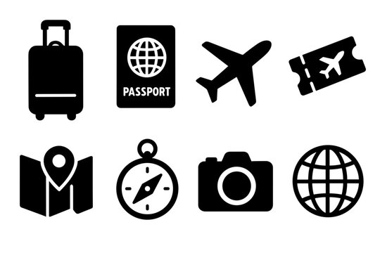 Travel Essentials Icons Including Luggage Passport Airplane Ticket Map Compass Camera and Globe