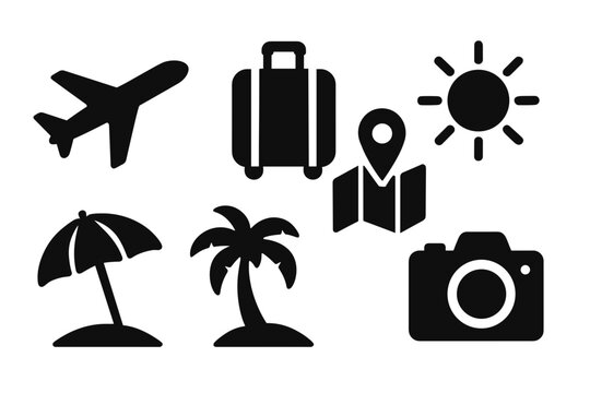 Travel Icons Representing Vacation Plans Including Airplane Luggage Camera Map Sun and Beach