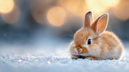 A close-up shot of a fluffy brown bunny resting on a snowy surface, with a soft bokeh background.