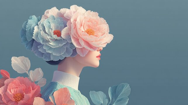 Dreamy Floral Headpiece Portrait Modern Fashion Muse With Soft Pastel Flowers and Calm Expression