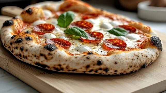 Close-up shot of a freshly baked pepperoni pizza with mozzarella and basil on a wooden cutting board. Food photography.