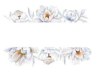 Horizontal floral border template with watercolor white peonies, buds, and gray leaves arranged above and below a large copy space. Hand painted illustration for wedding design.