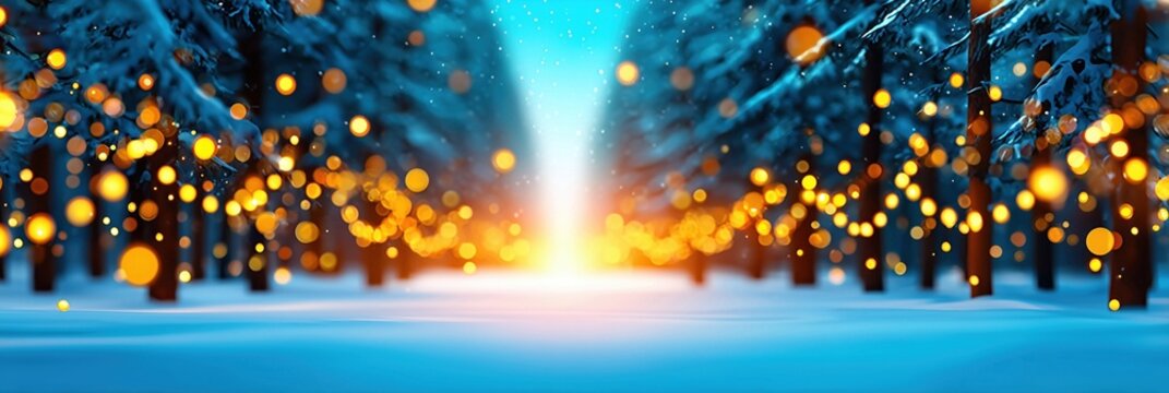 Snow-covered trees line a tranquil forest path at sunset, with warm light creating a serene atmosphere.