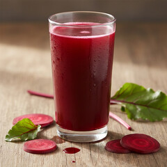 Fresh beetroot juice in a glass on wooden table with sliced beets and leaves. Healthy natural drink, rustic clean food photography.