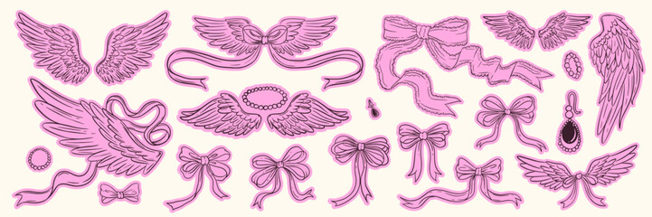 Coquette angel wings and ribbon bows set, cute pink girly elements with lace details and jewelry accents for romantic design and aesthetic stickers