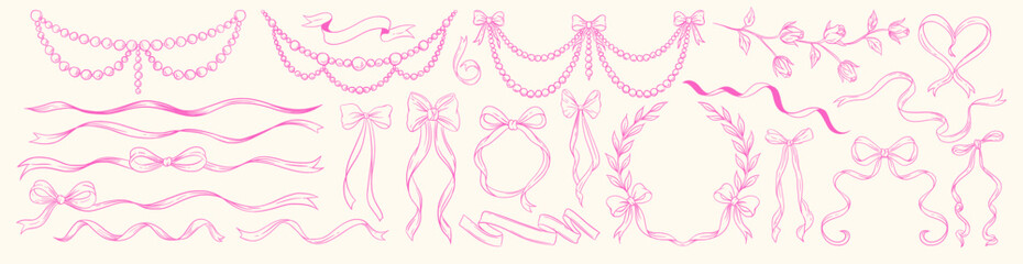 Coquette pearl garlands and ribbon bows set, elegant pink line art decorative elements with roses and curly ribbons