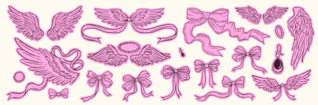 Coquette angel wings and ribbon bows set, cute pink girly elements with lace details and jewelry accents for romantic design and aesthetic stickers