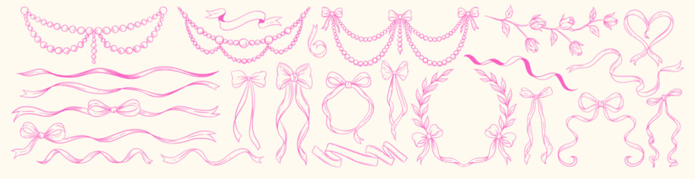 Coquette pearl garlands and ribbon bows set, elegant pink line art decorative elements with roses and curly ribbons