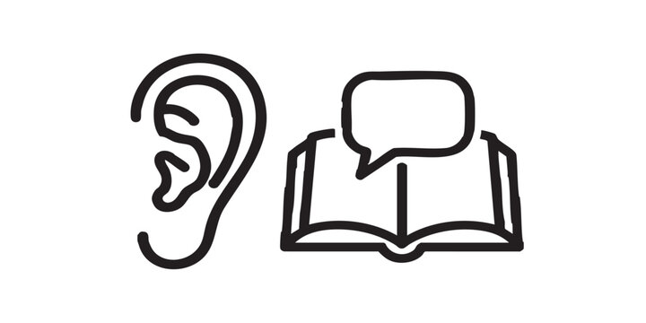Human ear and textbook popup bubble thin line icon, book festival concept. Vector graphics. Reader rumors of success book, reading sign on white background, style icon mobile or web design