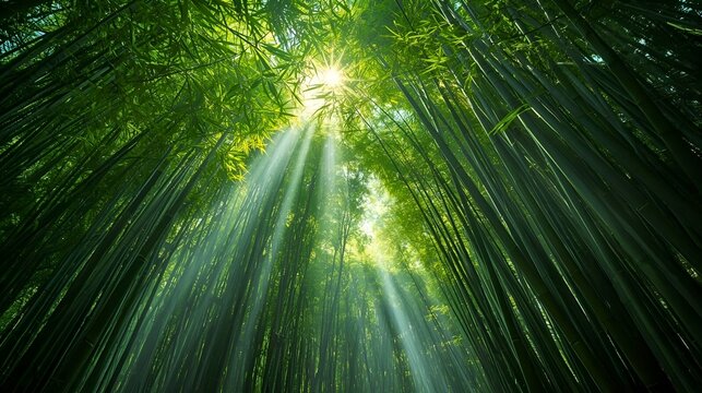 Stunning bamboo forest with sun rays breaking through canopy perfect for wellness and nature brands