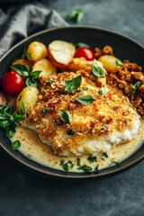 A plate featuring baked fish topped with a golden crust, accompanied by roasted potatoes, juicy cherry tomatoes, and fresh herbs, adds warmth to a kitchen table