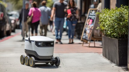 Autonomous delivery robot navigating a crowded sidewalk distributing promotional brochures independently with smooth motion and smart sensors.