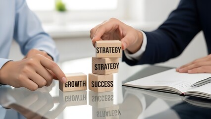 A close-up image showing two people's hands arranging wooden blocks on a glass table. The blocks are stacked to form a pyramid-like structure.