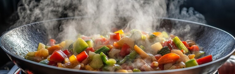 Steam rises from a vibrant vegetable stir-fry in a wok, showcasing a colorful array of fresh vegetables. The mouthwatering dish is being expertly prepared on a stovetop