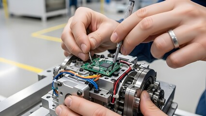 A close-up shot of an engineer or technician working on a complex mechanical and electronic assembly.