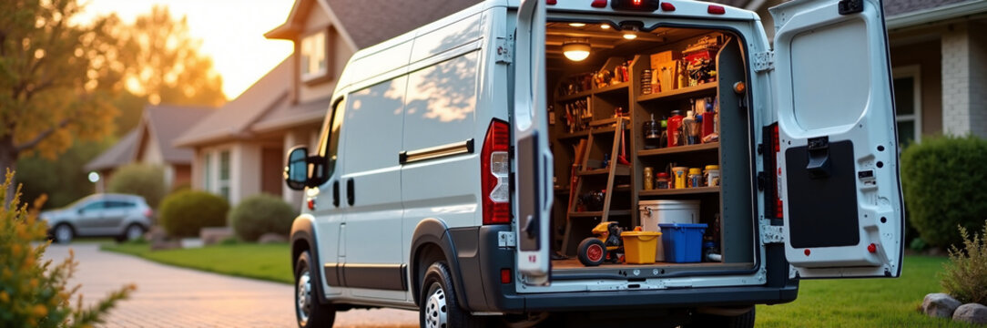 Van parked on driveway, equipment visible inside open back doors, sunny day. Van loaded with tools and supplies for various home repairs. Concept van for maintenance service calls,