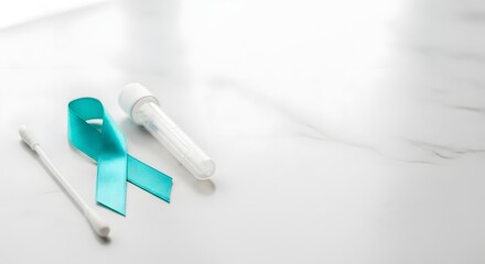 Teal ribbon, medical swab, and test tube on a clean white marble background for cervical cancer awareness concept and women's health
