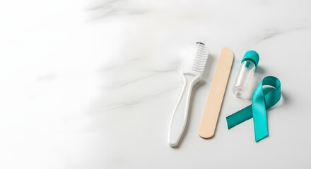 Medical Pap smear test kit with teal ribbon on a clean white marble background for cervical cancer awareness concept and women's health check-up