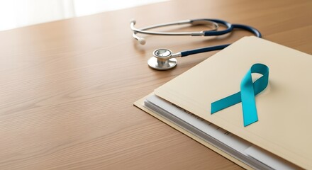 Teal awareness ribbon resting on patient file with stethoscope on a wooden desk for cervical cancer awareness concept and women's health support