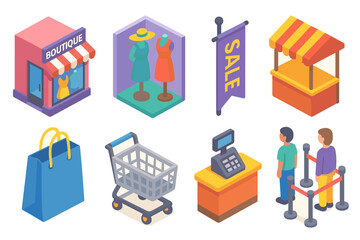 Obraz premium Colorful Boutique and Shopping Elements Including Sale Banner and Shopping Cart