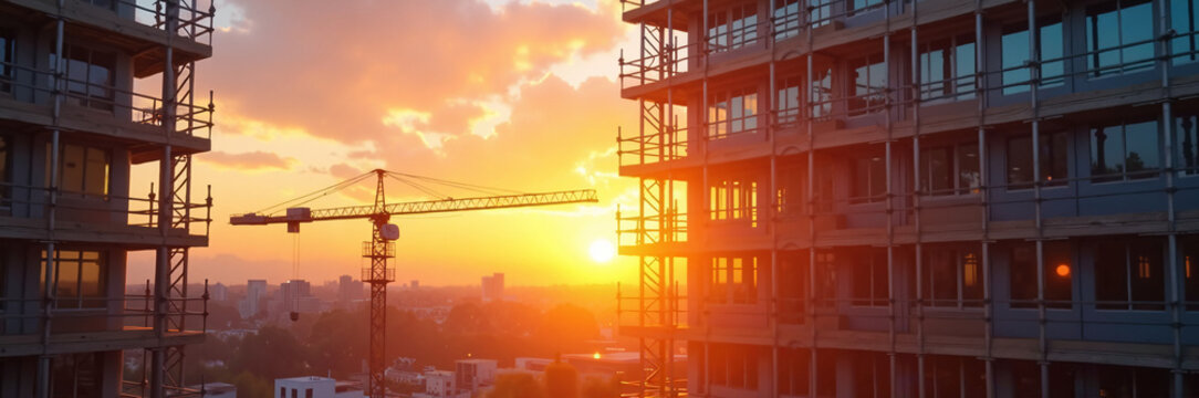 Construction site at sunset showing buildings under construction with construction crane silhouettes. Construction site shows city development, infrastructure, and industry against bright sun.