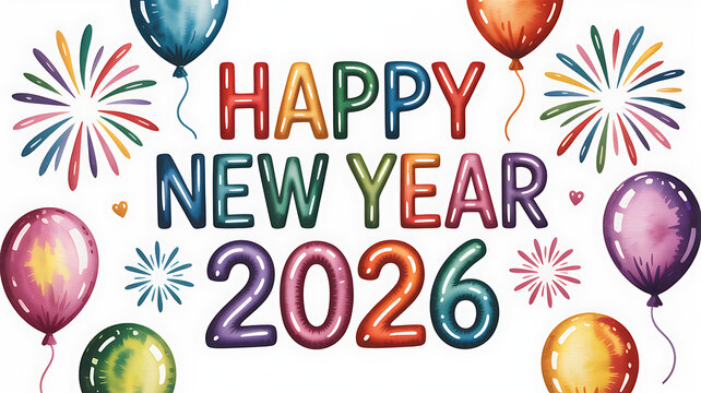 Happy New Year 2026 greeting boasts watercolor balloons and firework bursts over a white background
