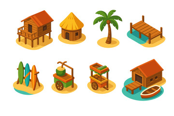 Vector Illustration of Tropical Beach Huts and Accessories in Vibrant Colors