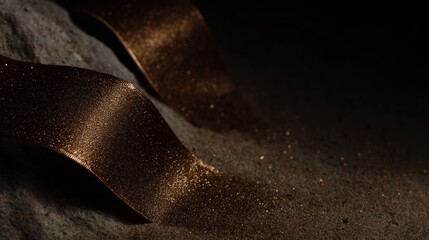 Luxurious gold and black banner featuring metallic ribbons curli, elegantly draped on textured surface, creating a sophisticated and festive atmosphere with copy space for design