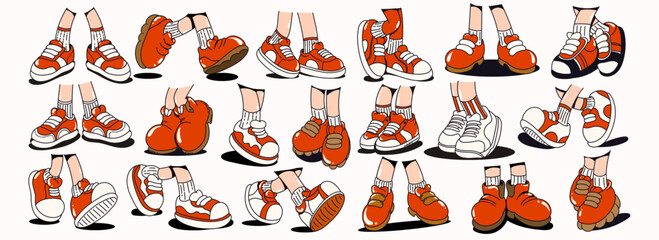 Mascots legs in different poses, red and white retro sneakers shoes in groovy 70s style on white background, playful vector character elements