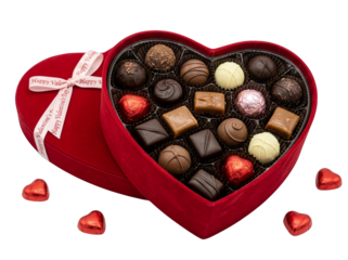 Red heart-shaped box of chocolates for Valentine’s Day, PNG transparent background