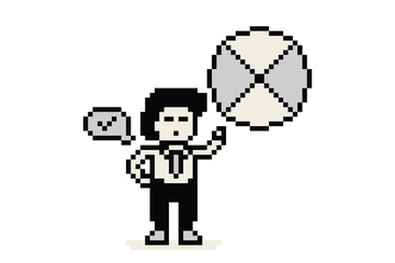 Cartoon business man planning research investigation magnifying with chart and graph professional office problem strategy 8 bit pixel art.