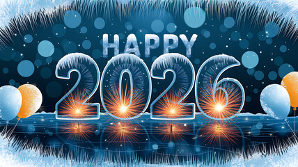 Snowy lettering spells happy 2026 over a reflective surface with blue festive balloons