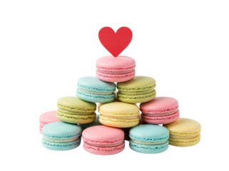 Macarons pile topped with a red heart for Valentine’s Day, PNG transparent background